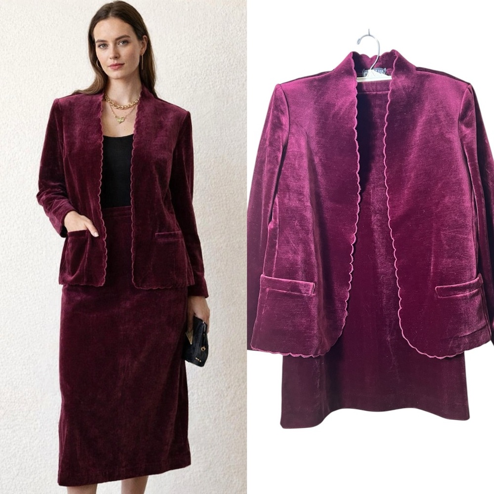Vintage 70s Burgundy Velvet Scalloped Jacket Skirt Act III Jonathan Logan 10/12